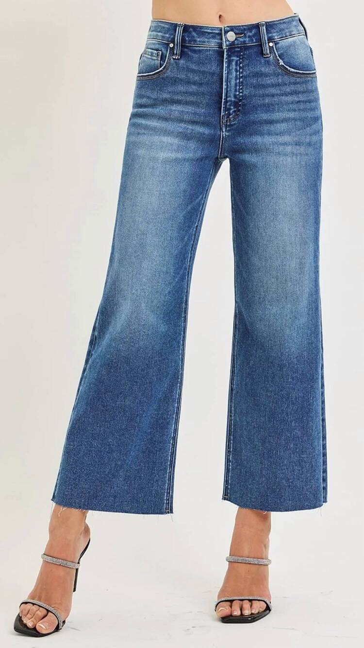 NEW RISEN high rise tummy control crop wide creased seam jeans in medium wash